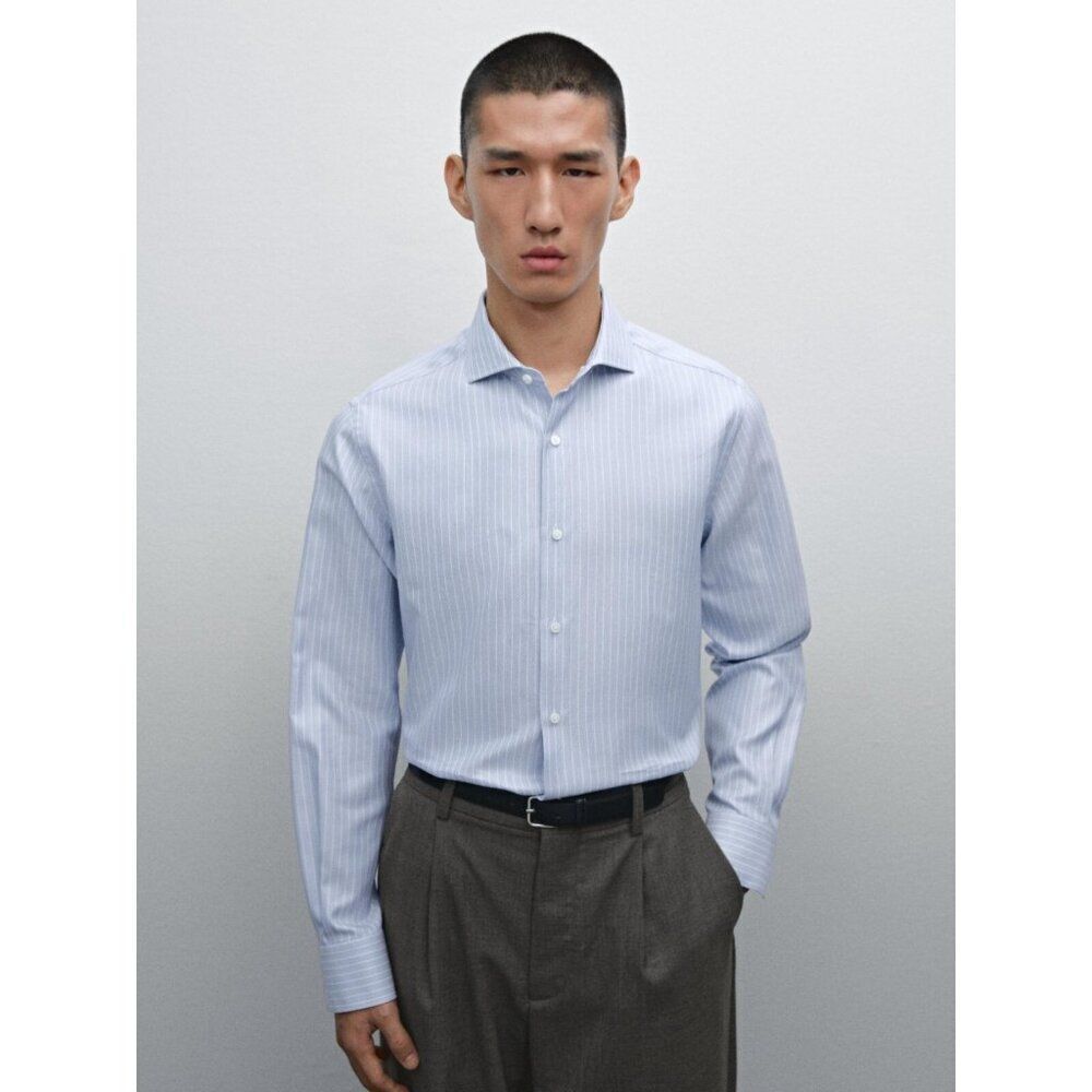 Massimo Dutti Men Dress Shirt EU 42 US 16.5 Blue Pinstripe Easy Iron NWOT